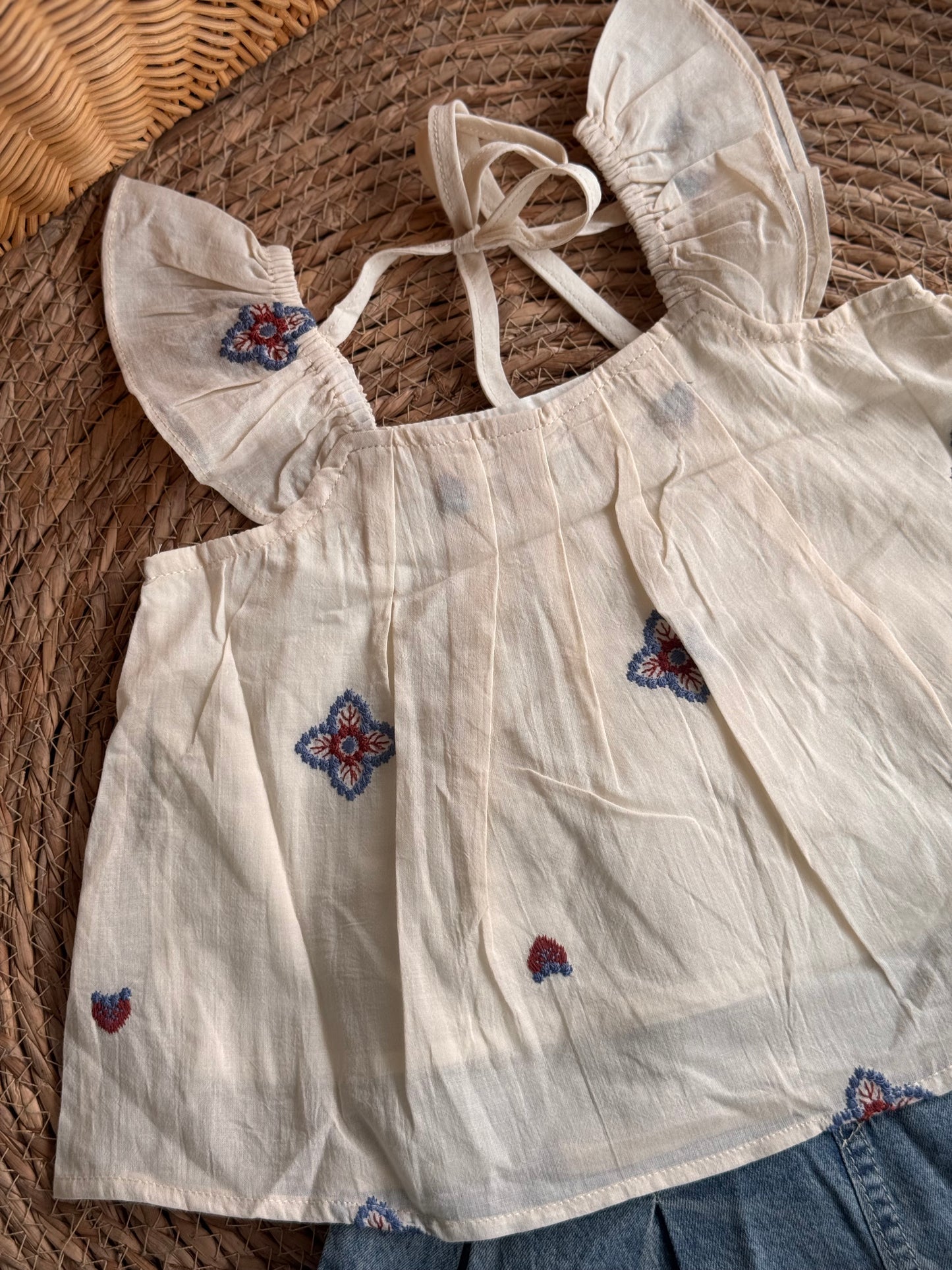 Boho Blossom Embroidered Top & Denim Skirt Set