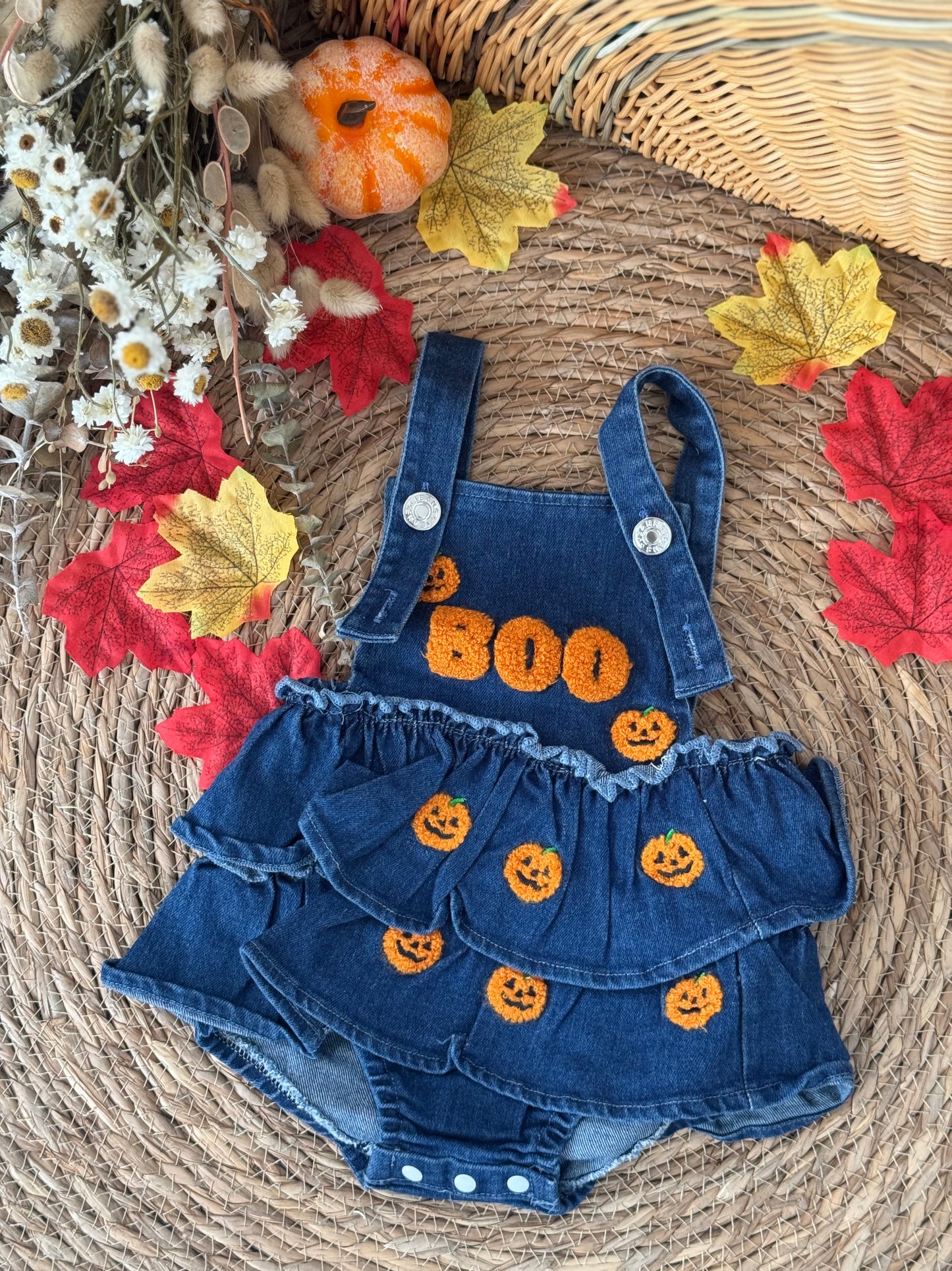 Denim Pumpkin Boo Baby Romper 🎃