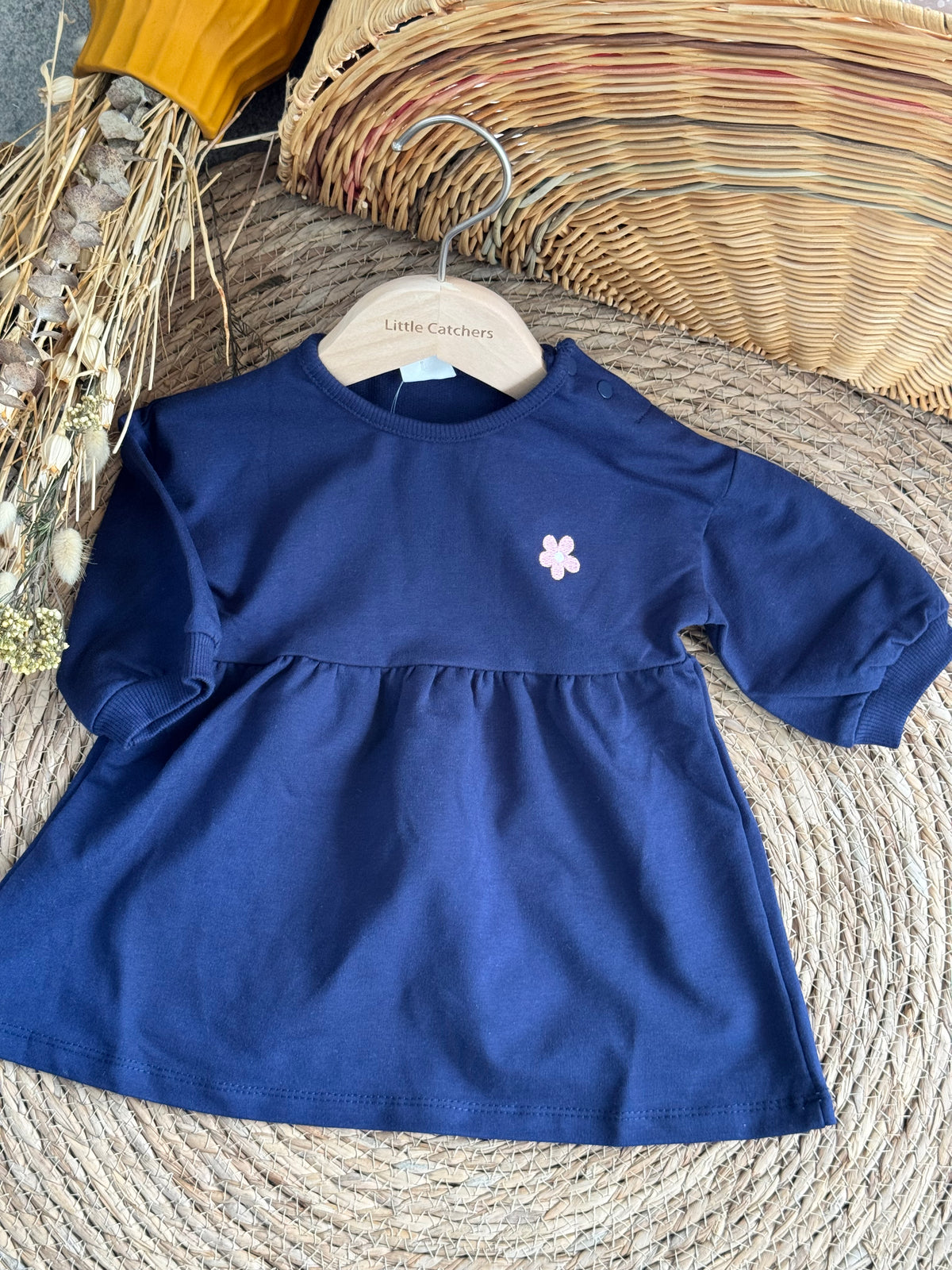 Basic Flower Dress-Navy blue