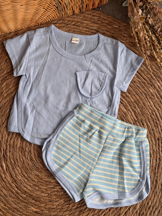 Pocket Tee & Striped Set-Blue