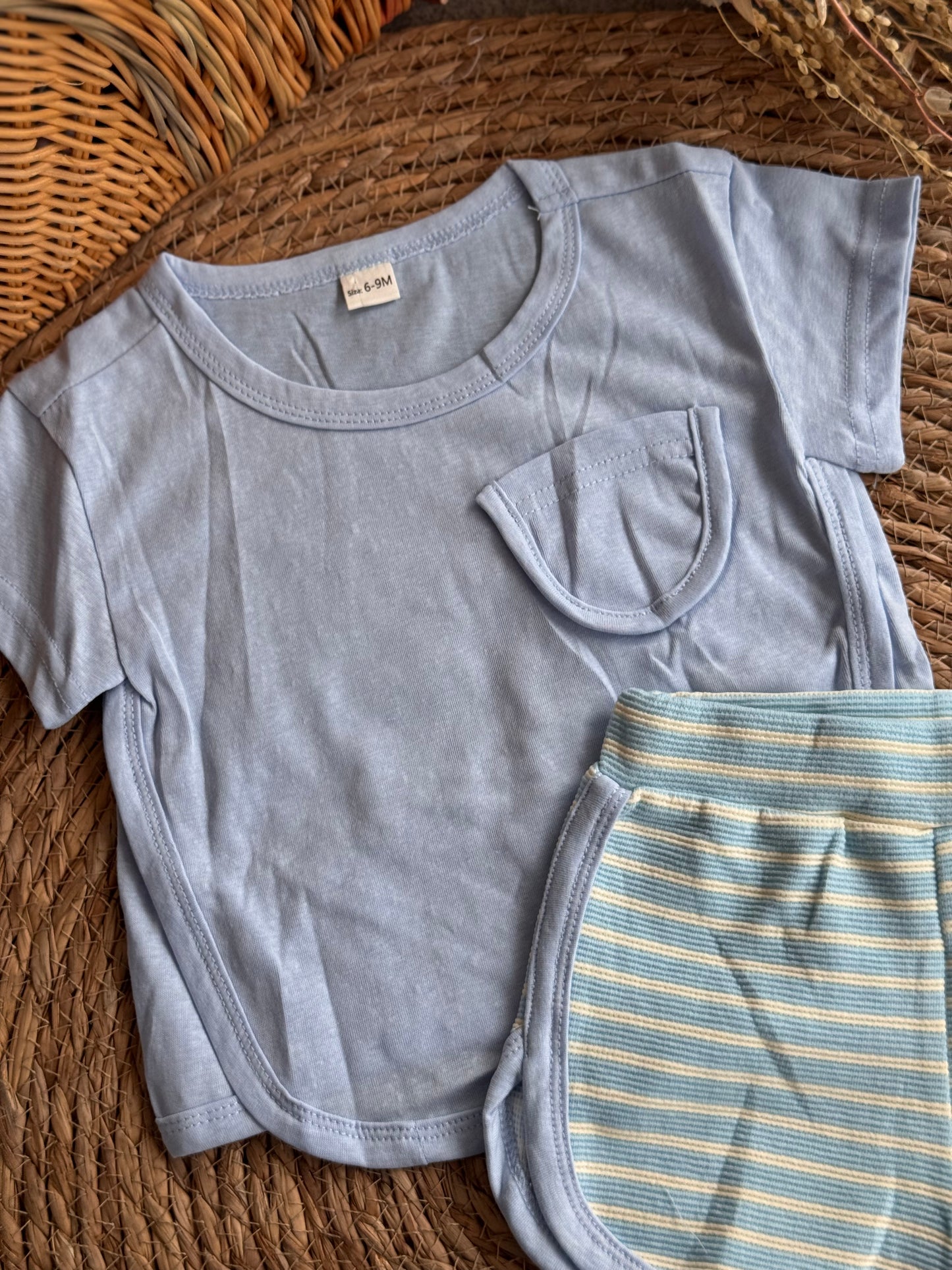 Pocket Tee & Striped Set-Blue
