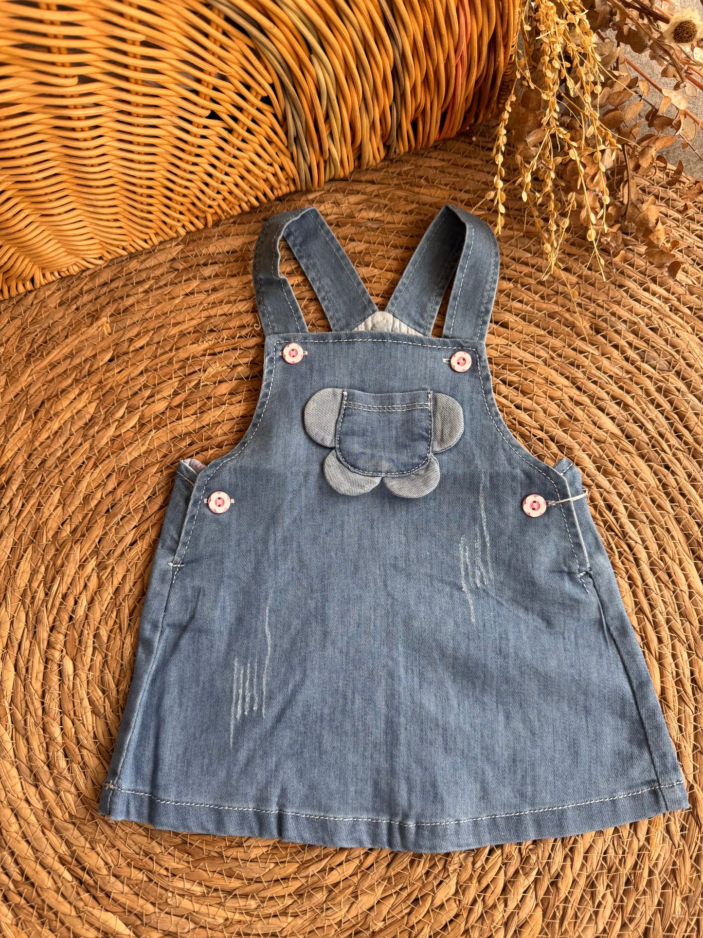 Baby Denim Pinafore Dress with Bear Pocket