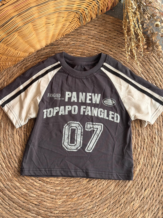 Topapo Fangled Varsity Tee – Charcoal & Cream