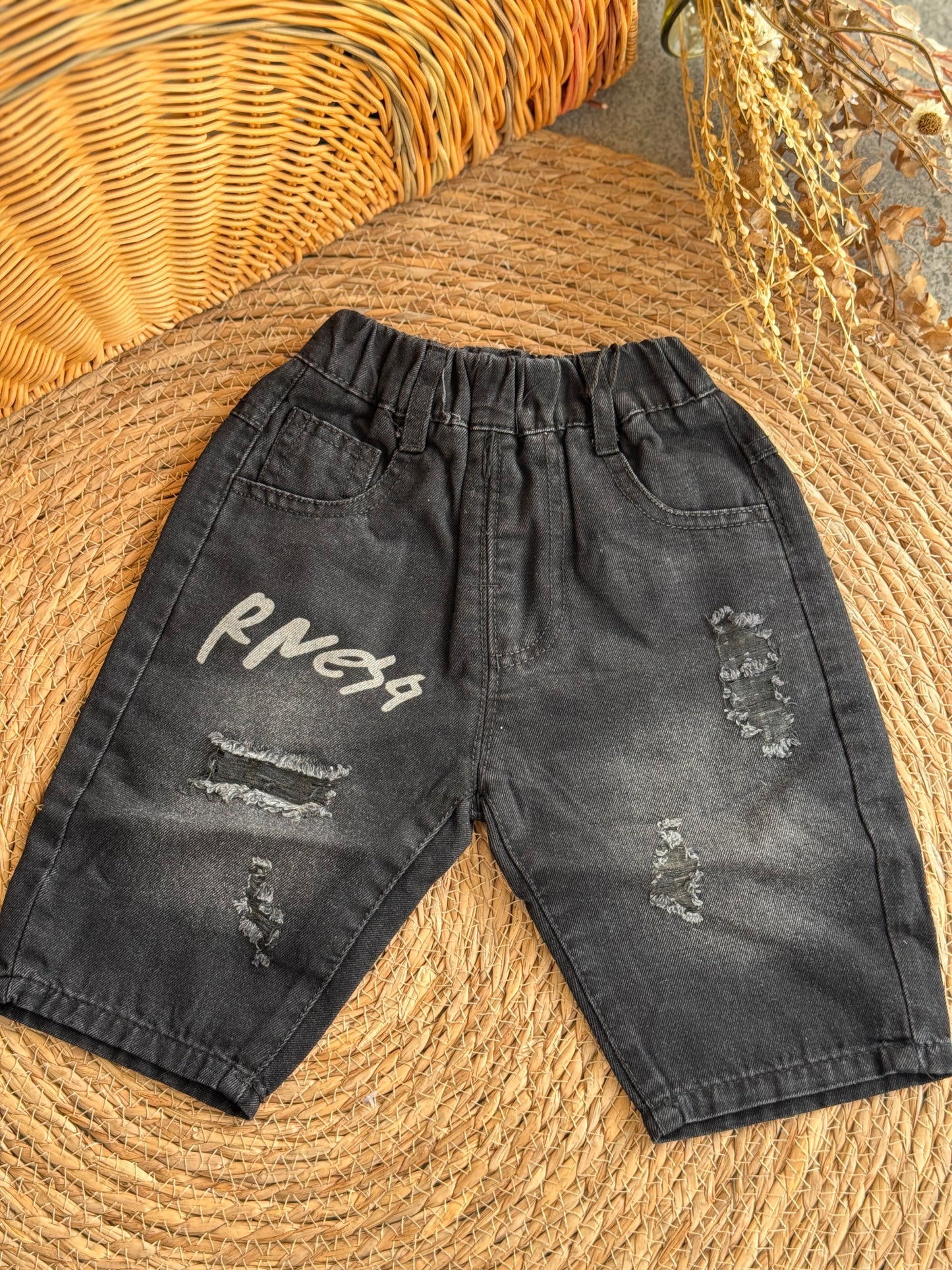 Distressed Denim Long Shorts – Washed Black