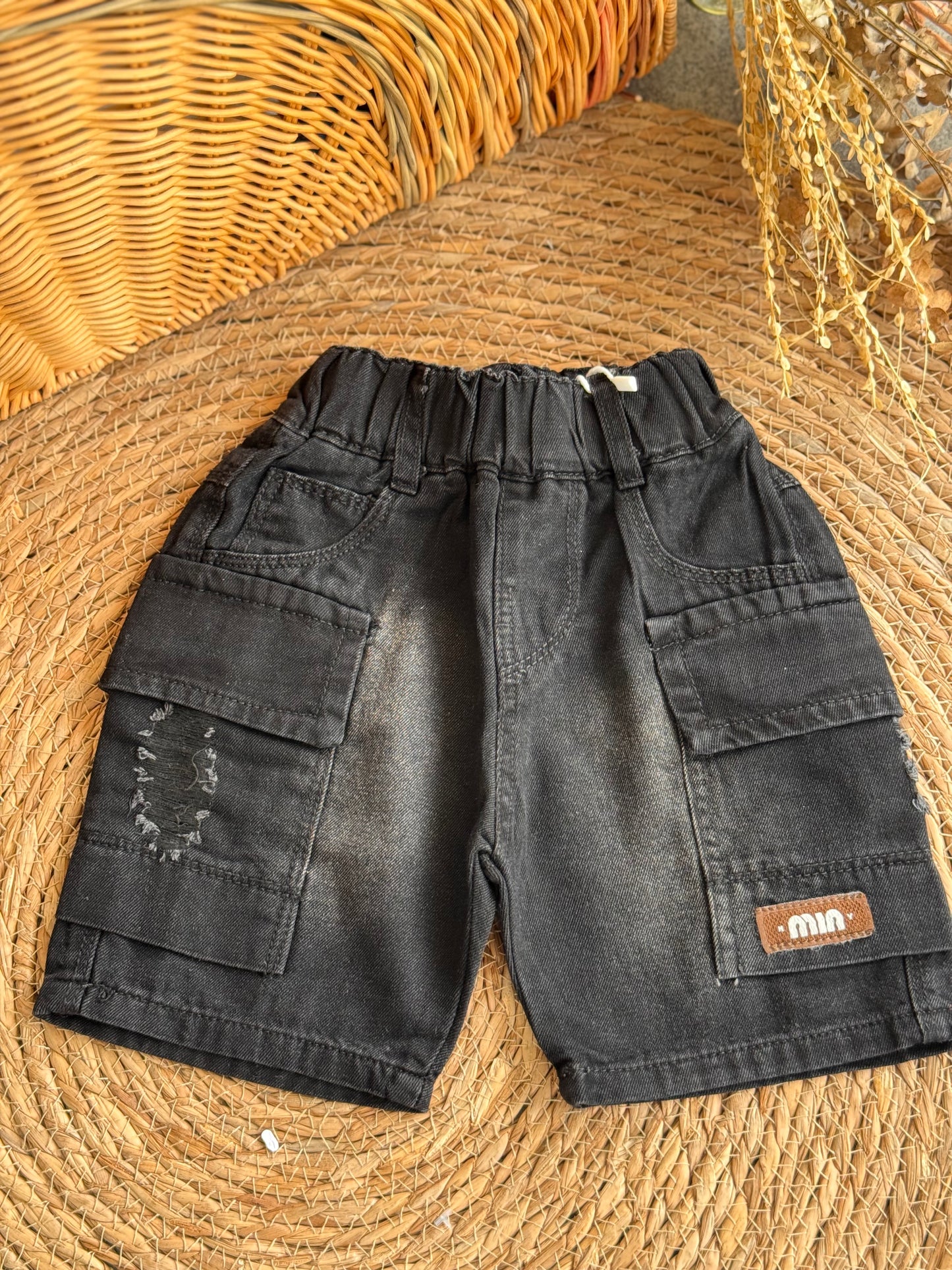 Maverick Distressed Cargo Denim shorts-washed Black
