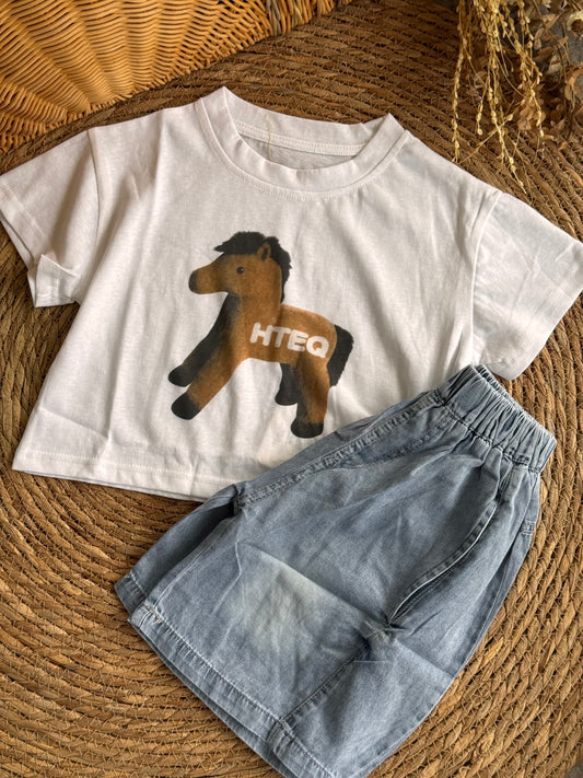 Little Joey Horse Tee & Denim Shorts Set