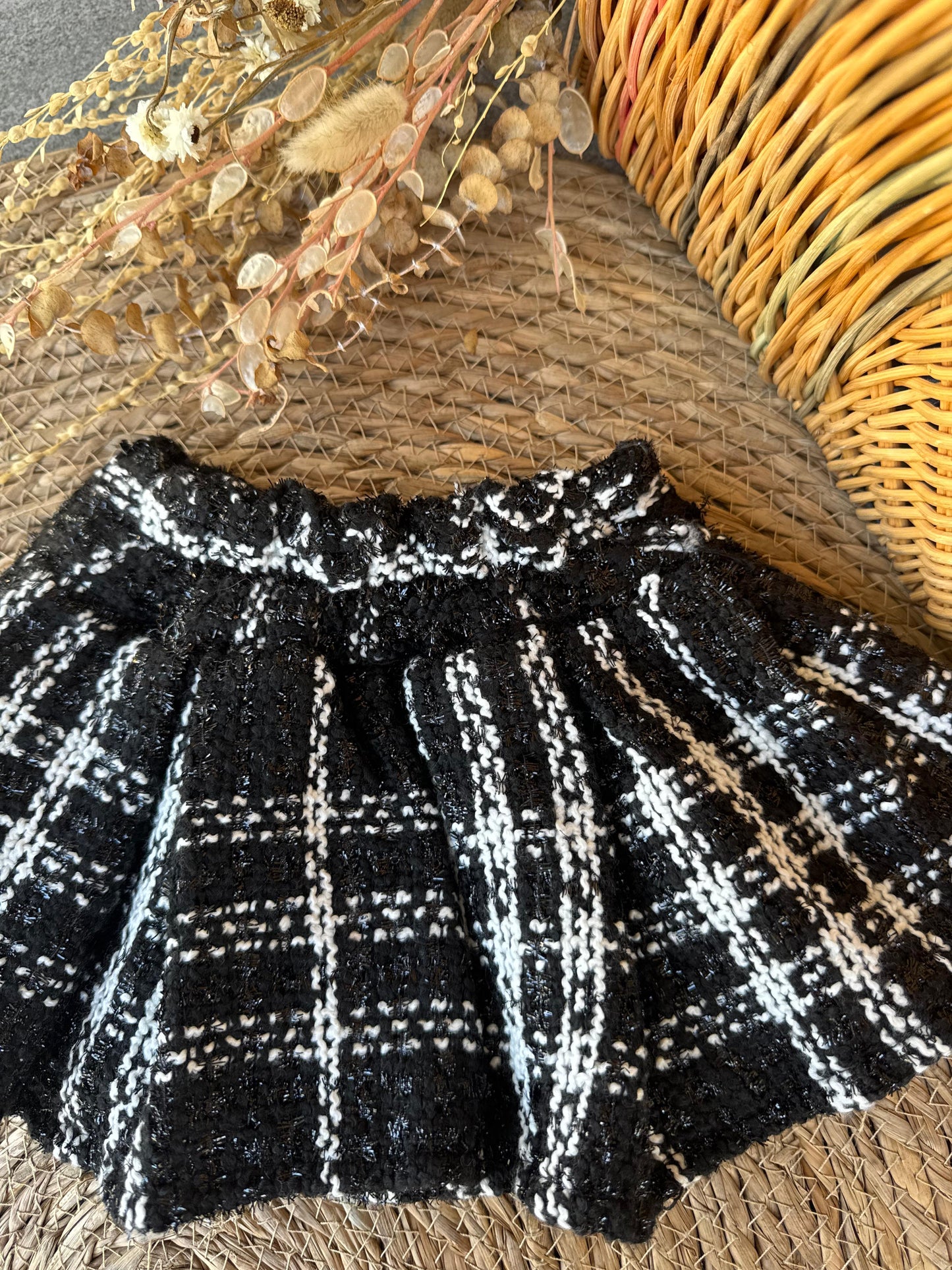 Black & White Tweed Plaid Skirt for Girls
