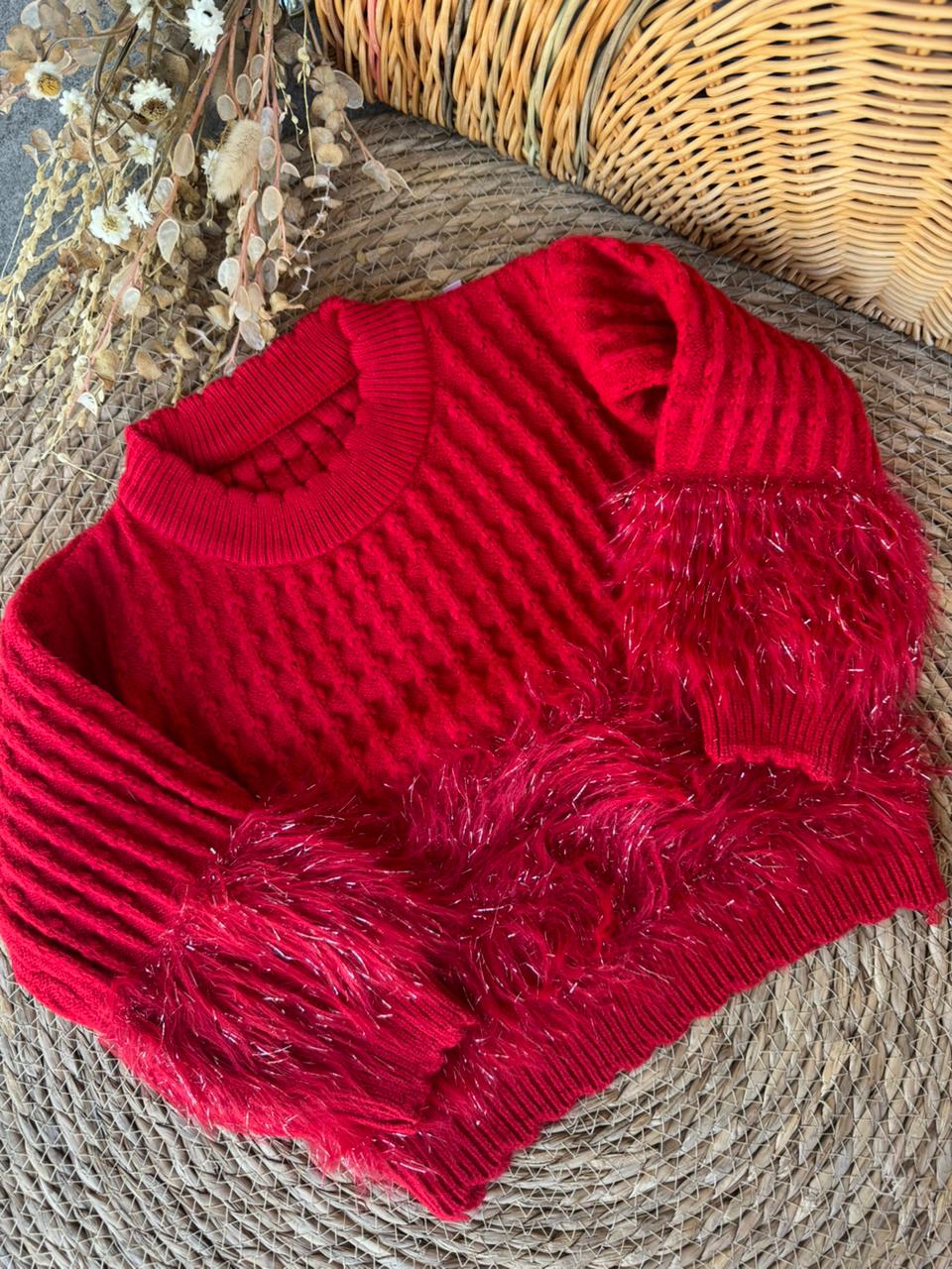 Red Fuzzy Trim Knit Sweater for Girls