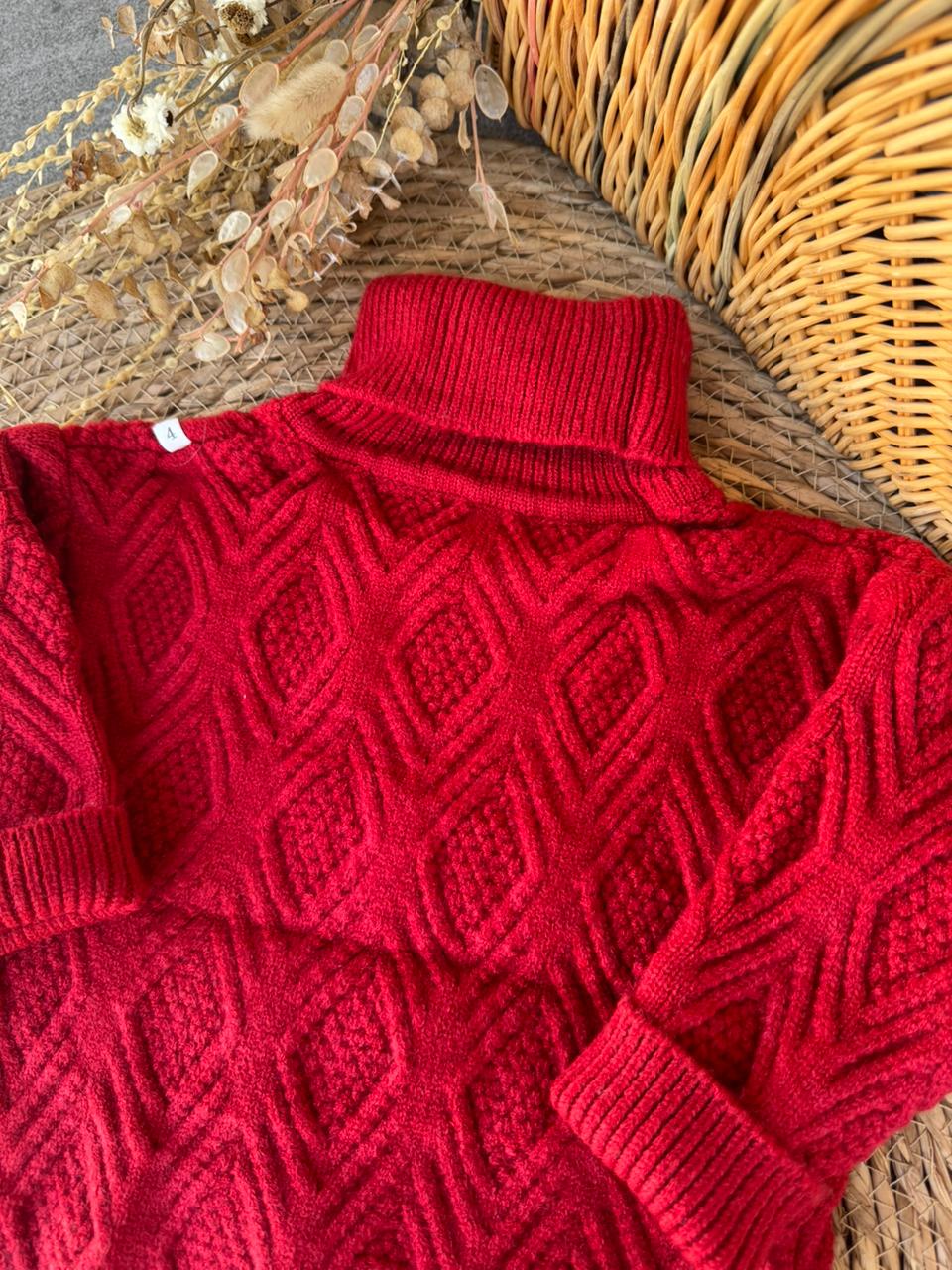 Red Diamond-Knit Turtleneck Sweater