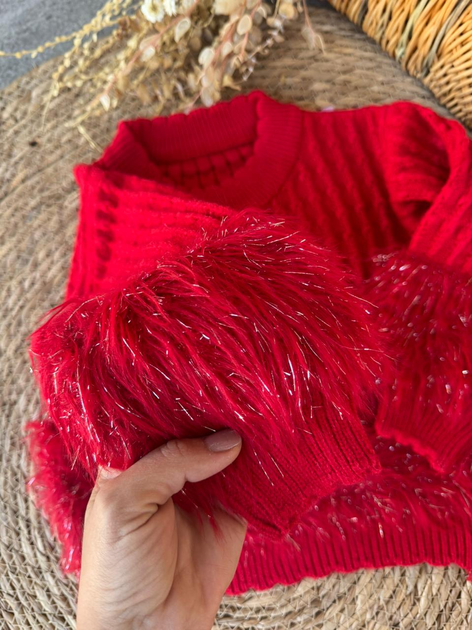 Red Fuzzy Trim Knit Sweater for Girls