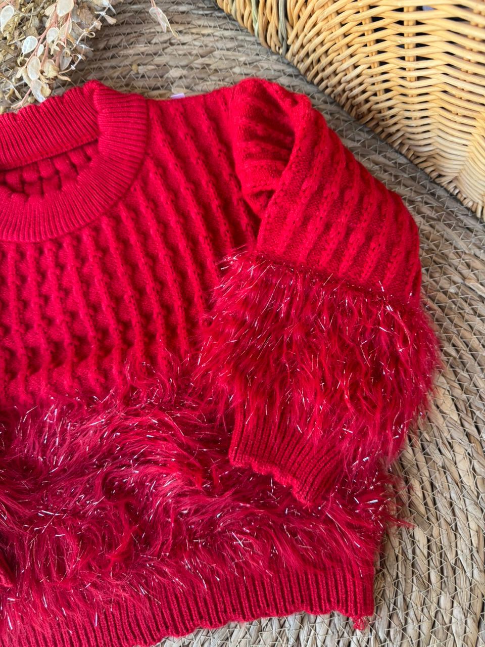 Red Fuzzy Trim Knit Sweater for Girls