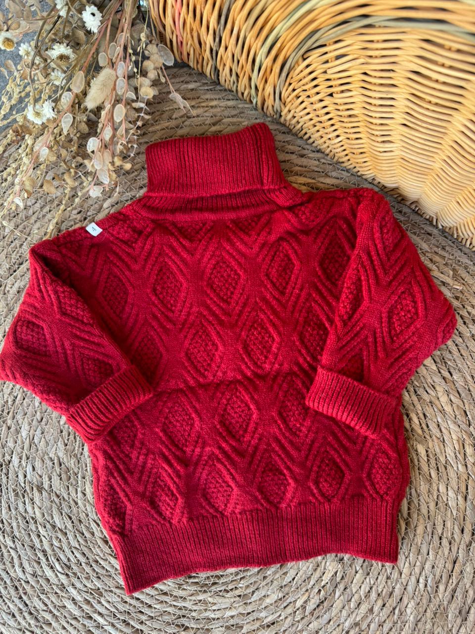 Red Diamond-Knit Turtleneck Sweater
